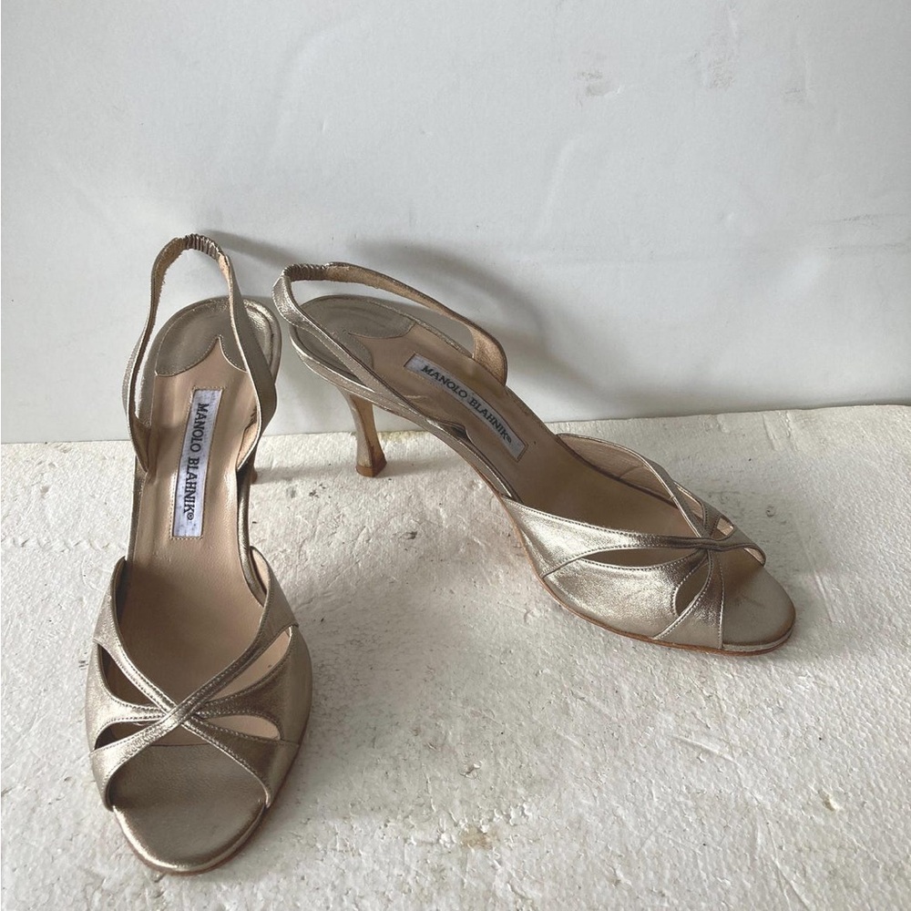 Manolo Blahnik Metallic Gold Slingback Peep-Toe Heels